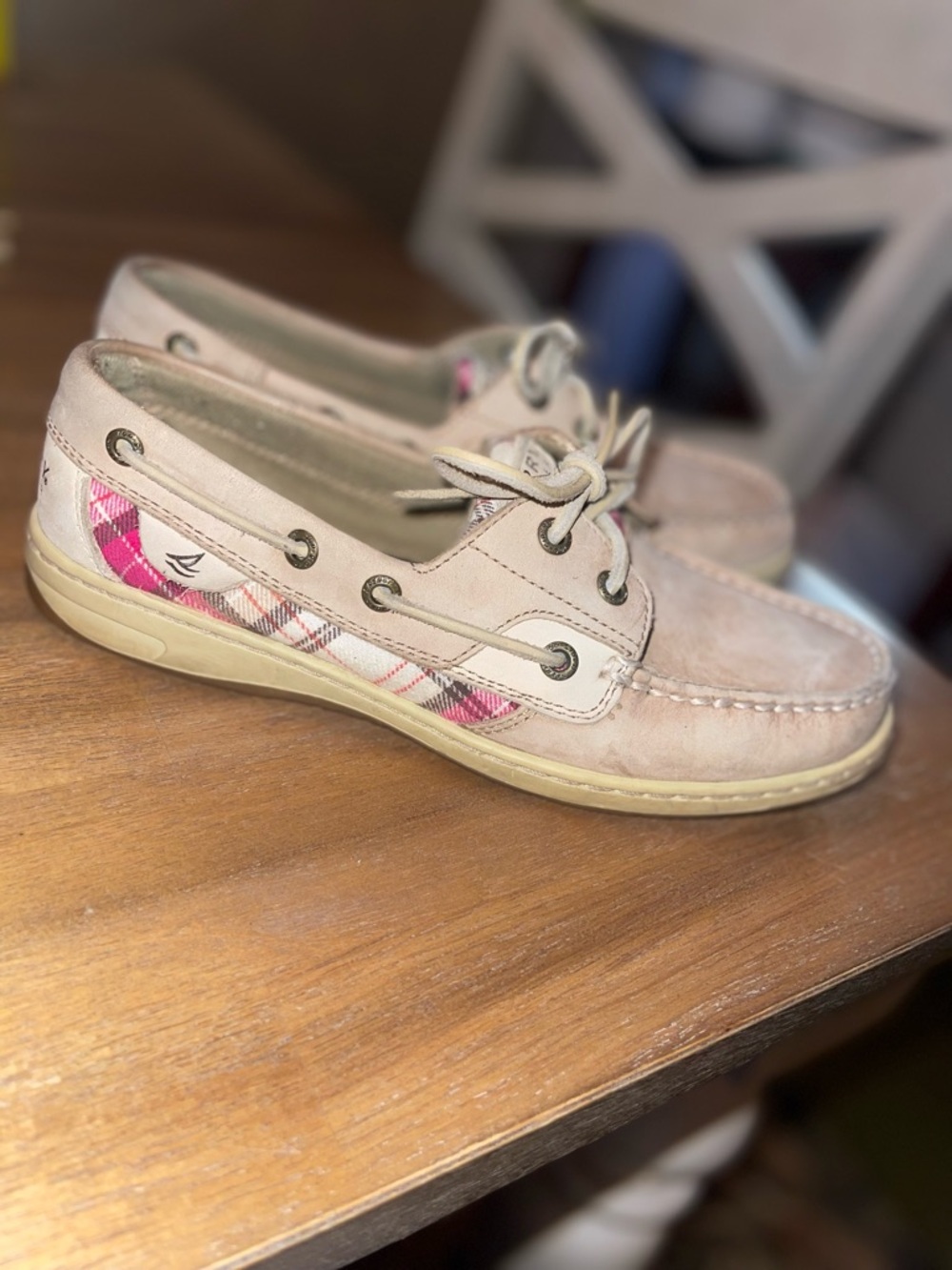 Sperry Top-Sider Angelfish Tan Leather & Pink Plaid Boat Shoes Women’s 7.5